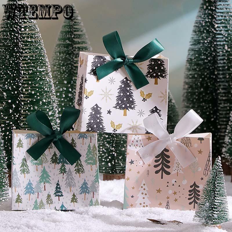WTEMPO 60PCS 3-Style DIY Creative Ribbon Bow Foldable Paper Boxes Christmas-themed Festive Gift Boxes Christmas Tree Pattern Printed Packaging Boxes