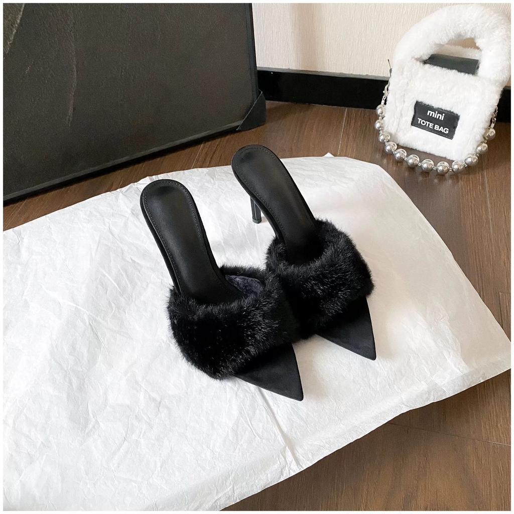 Women's Super High Heel 8.5CM Furry Slippers Faux Fur Slip-on Fashion Designer Sexy Pointy Toe Sandals for Woman Sandalias Mujer