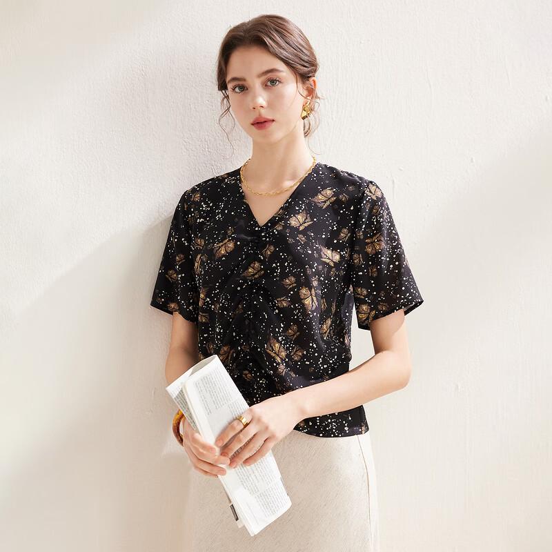 Zhaojun Silk Butterfly Print Drawstring Waist Short Sleeve Top