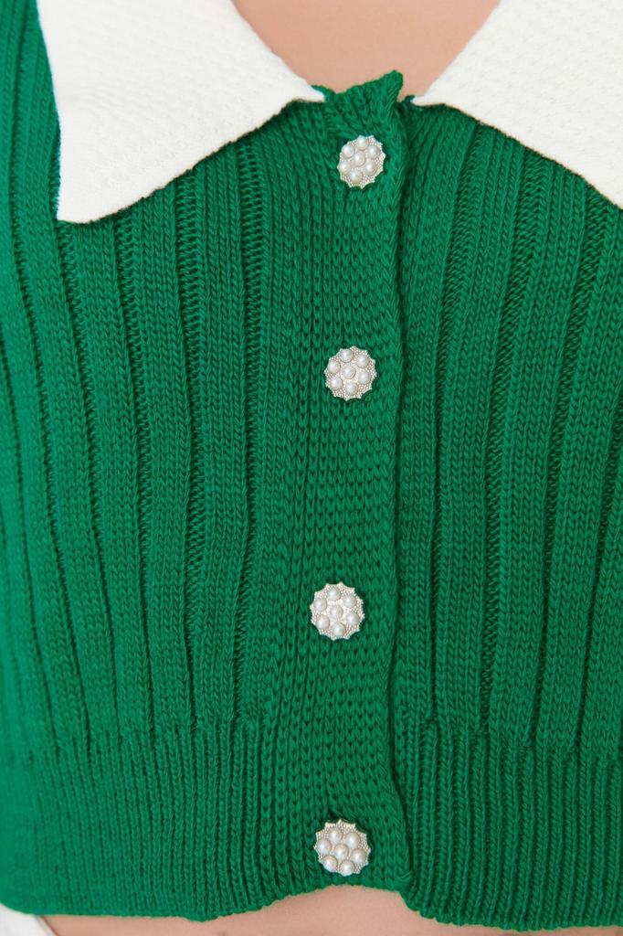 Women's Elegance Style Cardigan Green Super Crop Shirt Collar Knitwear Cardigan