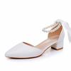 4cm Medium and Low Heel Pointed Toe Hollow Sandals Thick Heel Beaded Women's Shoes White Matte Pu