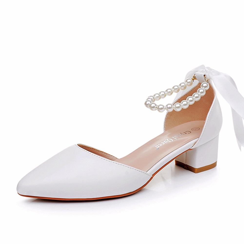4cm Medium and Low Heel Pointed Toe Hollow Sandals Thick Heel Beaded Women's Shoes White Matte Pu