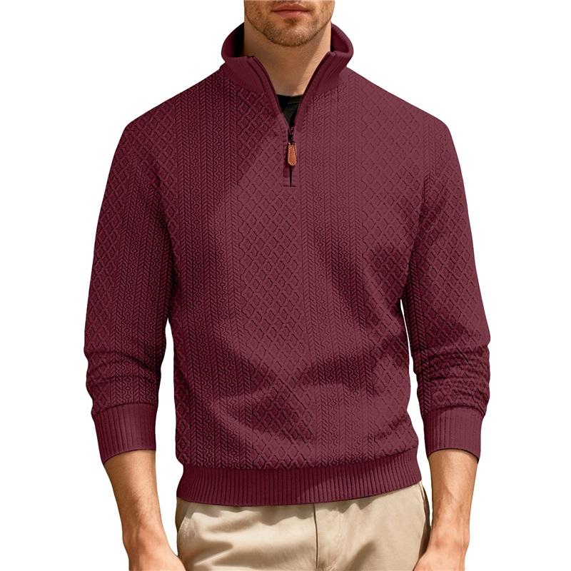 Men's Quarter Zip Pullover Sweater Diamond Jacquard Knit Stand Collar Long Sleeve Casual Sweatshirt For Business & Daily Wear
