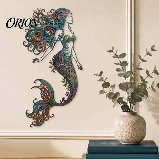 Weather Resistant Metal Art Mermaid Wall Decoration, Three-dimensional Hollow Iron Swimming Pool Area Decorations Sculpture, Retro Ocean Style Hanging