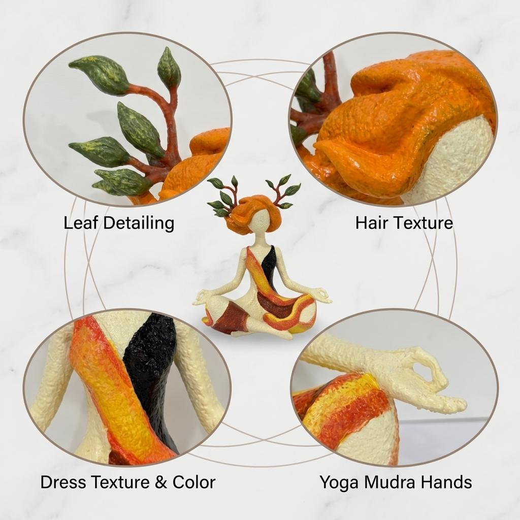 Resin Yoga Girl Figurine Decorative Statue Sitting Meditative Pose with Leaf Branch Hair Design for Home Office Desk Ornament