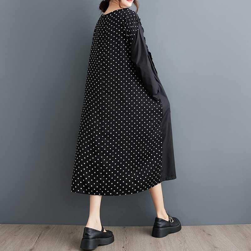 New Polka Dot Splicing Wood Ear Side Long Sleeve Dress Fashion Loose Casual A-Line Dresses