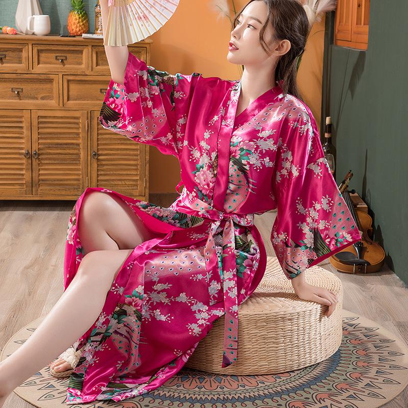 Women's Japanese-Style Satin Kimono Bathrobe with Peacock Design