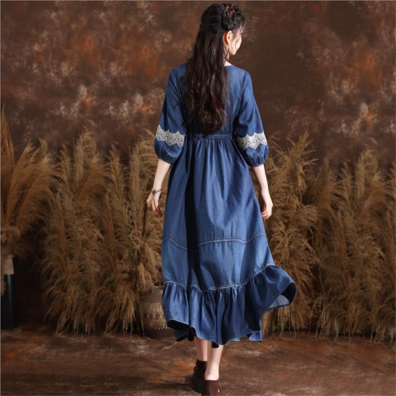Johnature Summer Women O-Neck Elasticated Waistband Dress Vintage Embroidery Three Quarter Cowboy Dress