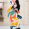 Women Plus Size Dark Blue Printed Long Sleeve Fitted Zip Up Hooded Shirt