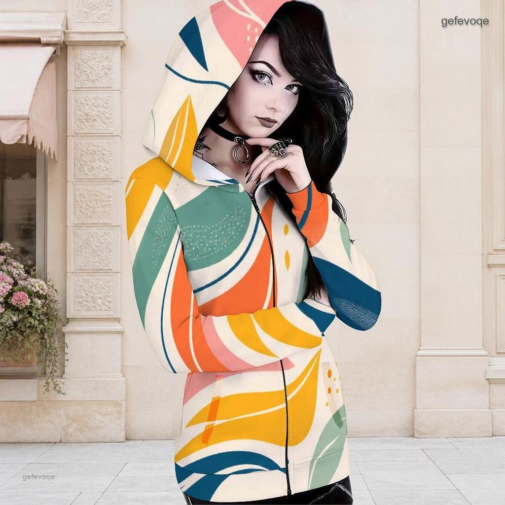 Women Plus Size Dark Blue Printed Long Sleeve Fitted Zip Up Hooded Shirt