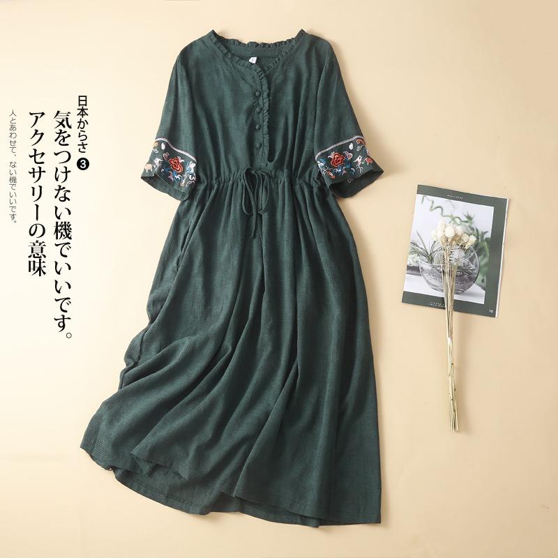 Ethnic Style Linen Cotton Embroidery Dress Summer Long Over Knee Linen Temperament Long Skirt Loose Mori
