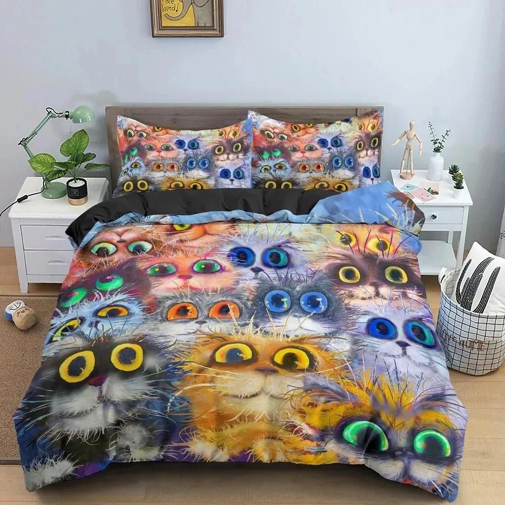 Watercolor Cartoon Cat Bedding Set Boys Girls Twin Queen Size Duvet Cover Pillowcase Bed Boys Adult Home Textileextile