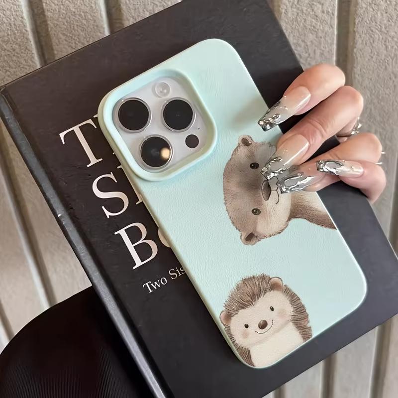 

Cute Hedgehog And Otter Pattern Phone Case For iPhone 17 Pro Max 16 Plus 15 Pro 14 13 12 11 XS XR 17Air Lychee Textur Soft Cover iPhone XS Max