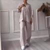 Casual Cotton Linen Solid Color Shirt & Drawstring Wide Leg Pants Set