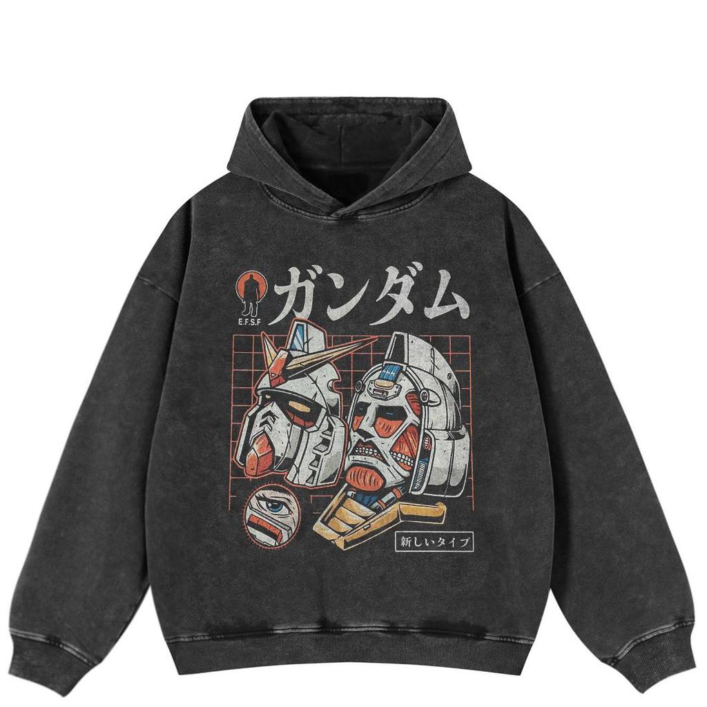 Streetwear Japanese Robot Graphic Side Pockets Pullover Unisex Oversized Washed Black Hoodie