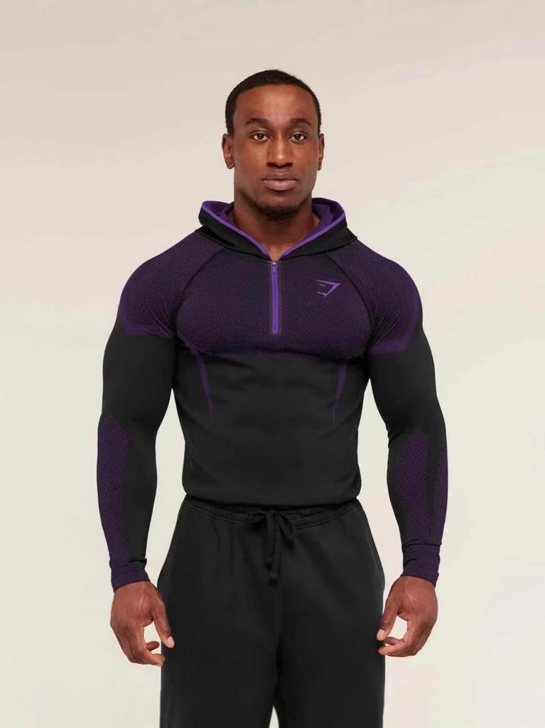 GYMSHARK Men's Onyx High Stretch Long Sleeve Hooded Fitness T-shirt
