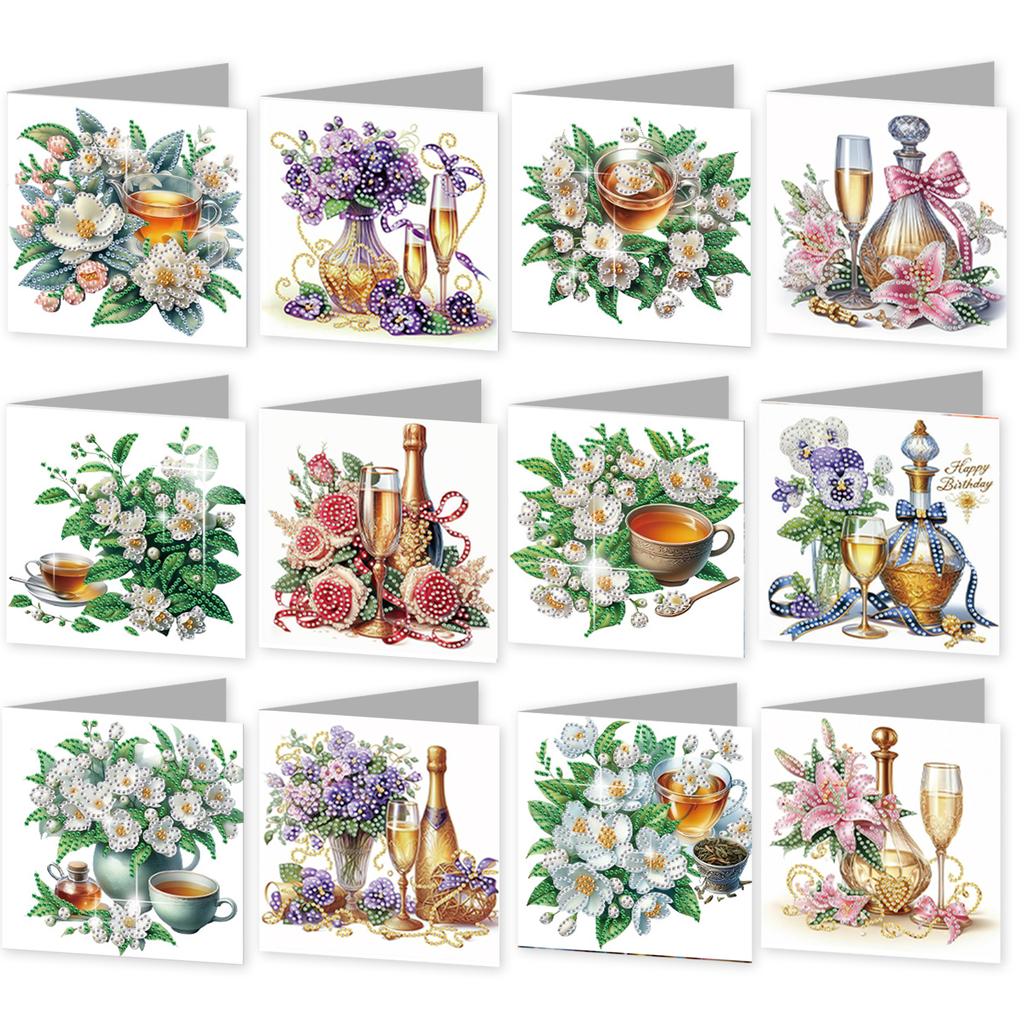 12 Packs Flower Animal DIY Diamond Art Painting Greeting Cards with Envelopes for Beginner Adult Birthday Holiday Blessing