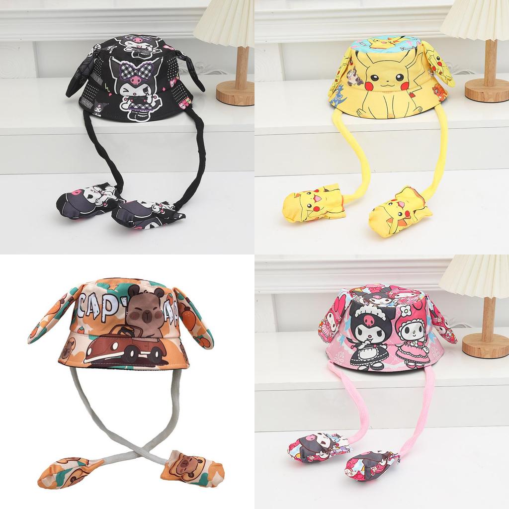 Cartoon Fisherman Hat For Kids With 3d Ears And Stitch Spider Man Print Design Summer Sun Protection Cotton Polyester