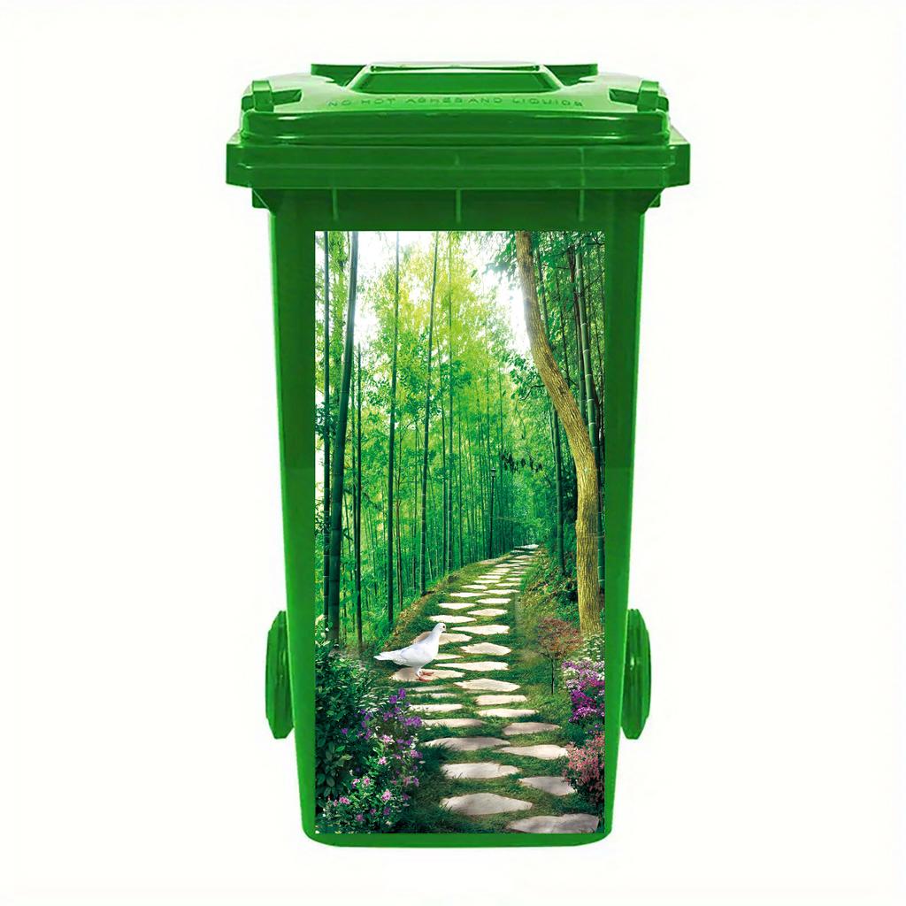 1 Pezzo Adesivo Pattumiera Alberi Verdi a Cascata Autoadesivo Paesaggio Naturale Decalcomania con Scene Vivaci di Foresta, Fiume e Funghi per Giardino Esterno