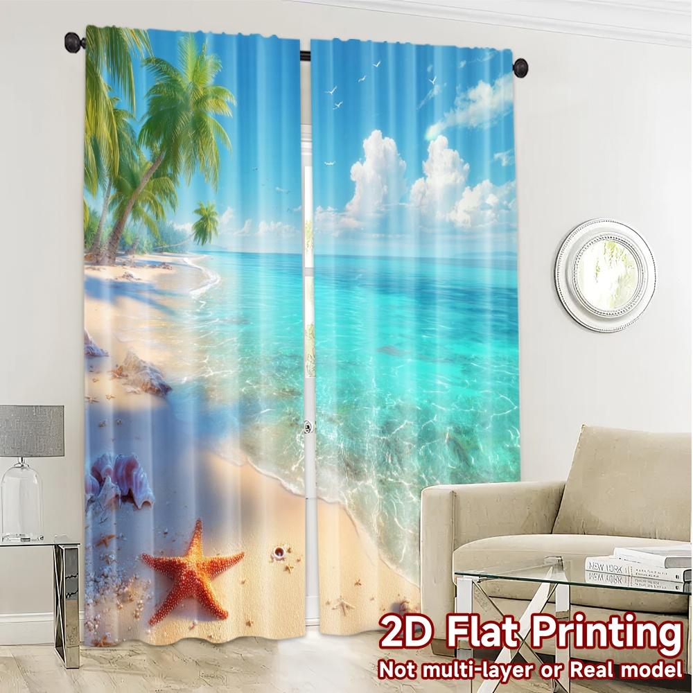 2pcs, 2D FLAT PRINTING Curtains (Without Rod) Seaside Bliss Pattern Popular Curtains Versatile Fabric Curtains Room Decor