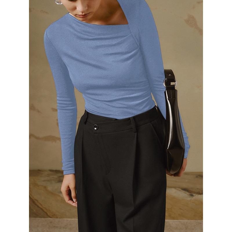 Women's Sexy Slant Neck Long Sleeve Solid Colour Inner Temperament Elegant Top