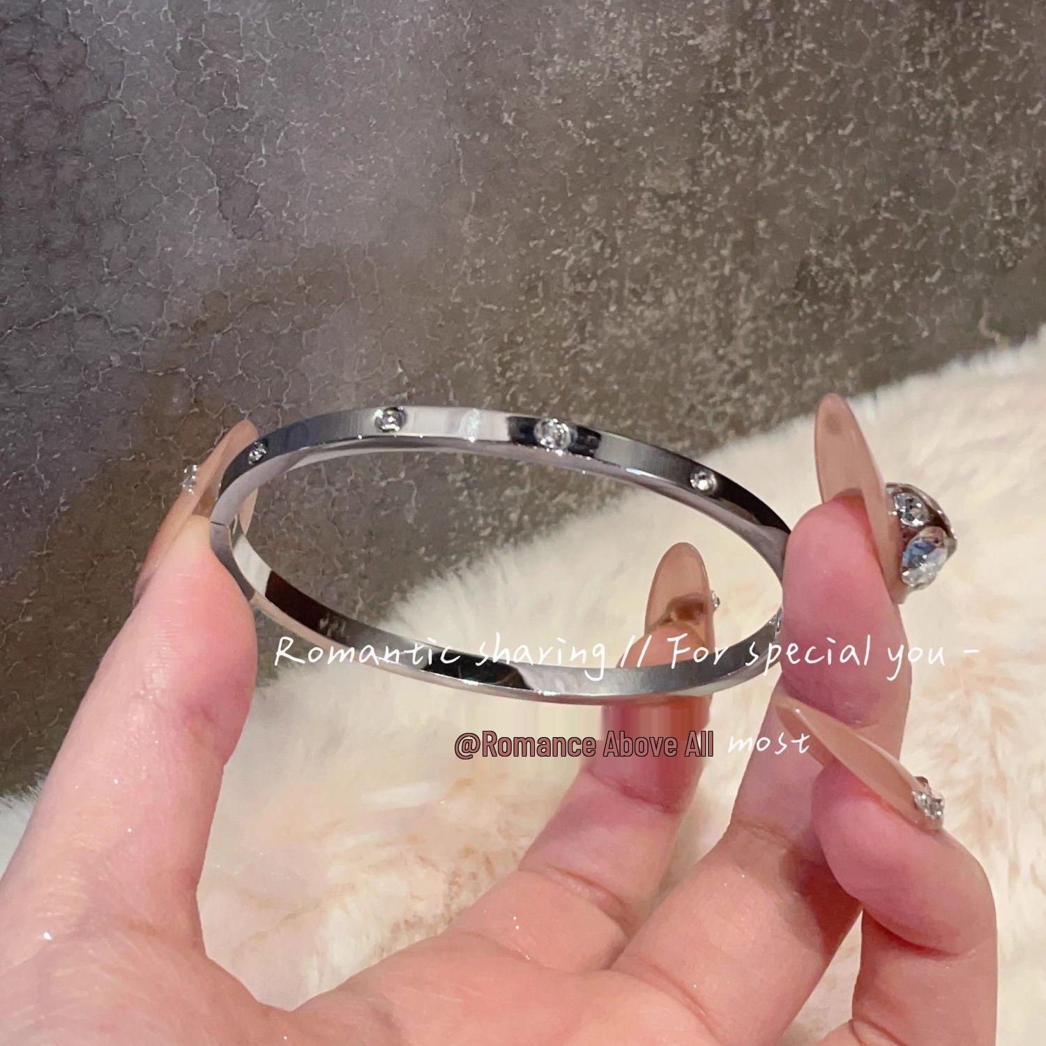 Elegant Micro-Paved Full Diamond Bracelet - Women s Simple Titanium Steel Non-Fading Bangle, Versatile Luxury Jewelry Titanium Steel