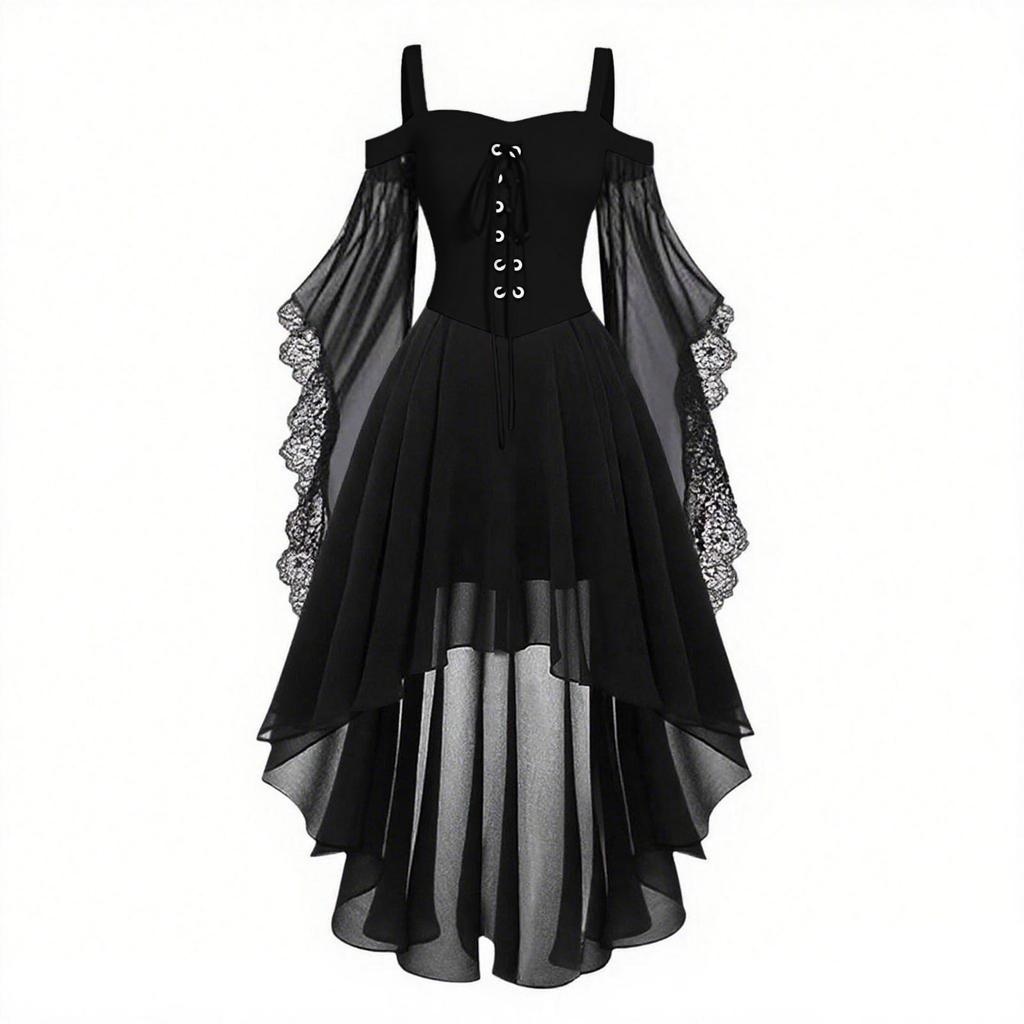 Vestito casual da donna con spalle scoperte e taglie forti, in chiffon, tinta unita, con maniche a farfalla, stile gotico