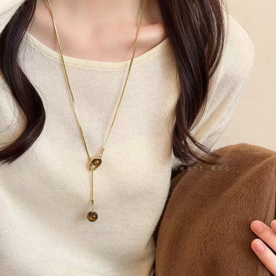 Retro Koreanisches Maillard Tigerauge Gold Halskette - Elegante Lange Kette für Herbst-/Winter Pullover