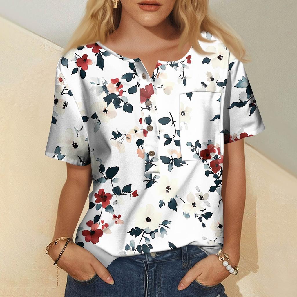 Damenmode, lässig, kurzärmelig, bedruckt, Rundhalspullover, Top-Bluse