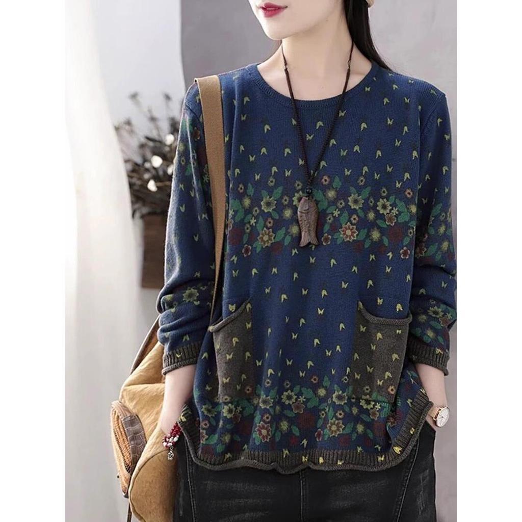Women's Retro Print Cotton Sweater - Autumn Round Neck, Rolled Hem, Loose Fit, Plus Size, Age-Reducing Knitwear with Pocket