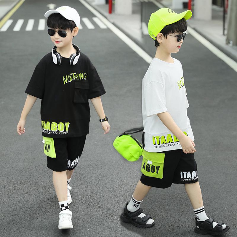 Kids' Summer Casual Short Sleeve Two-Piece Set with Five-Point Pants