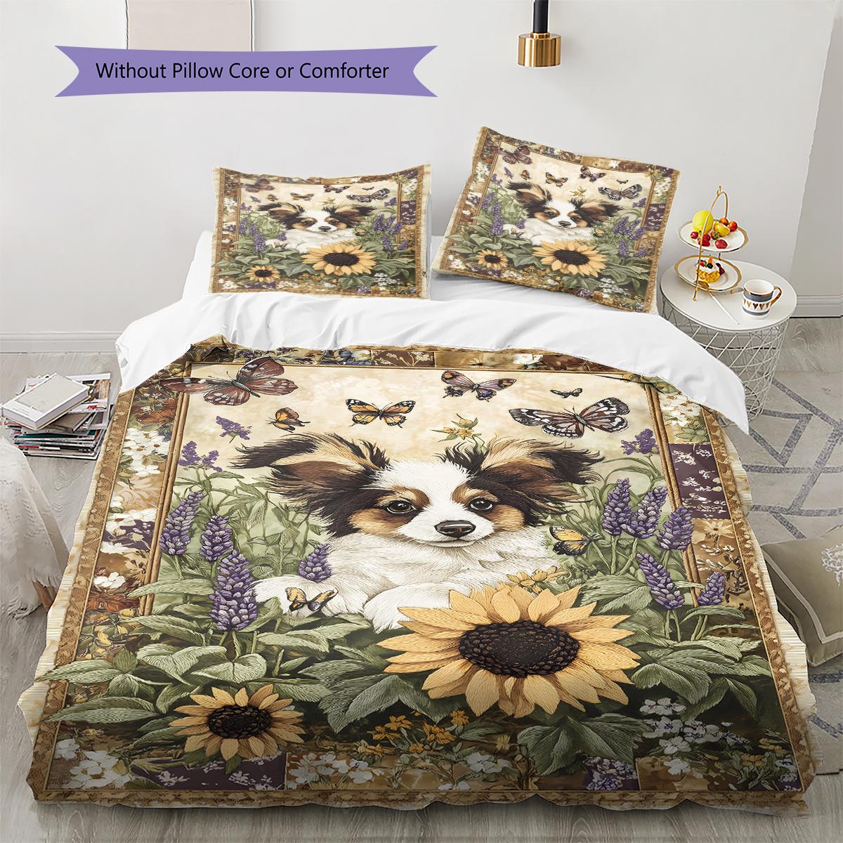 Dog and Sunflower Pattern Bedding Quilt Set Quilt Cover Pillowcase Home Decoration Birthday Gift (1 * duvet cover + 2 * pillowcase, without core) 135x200cm
