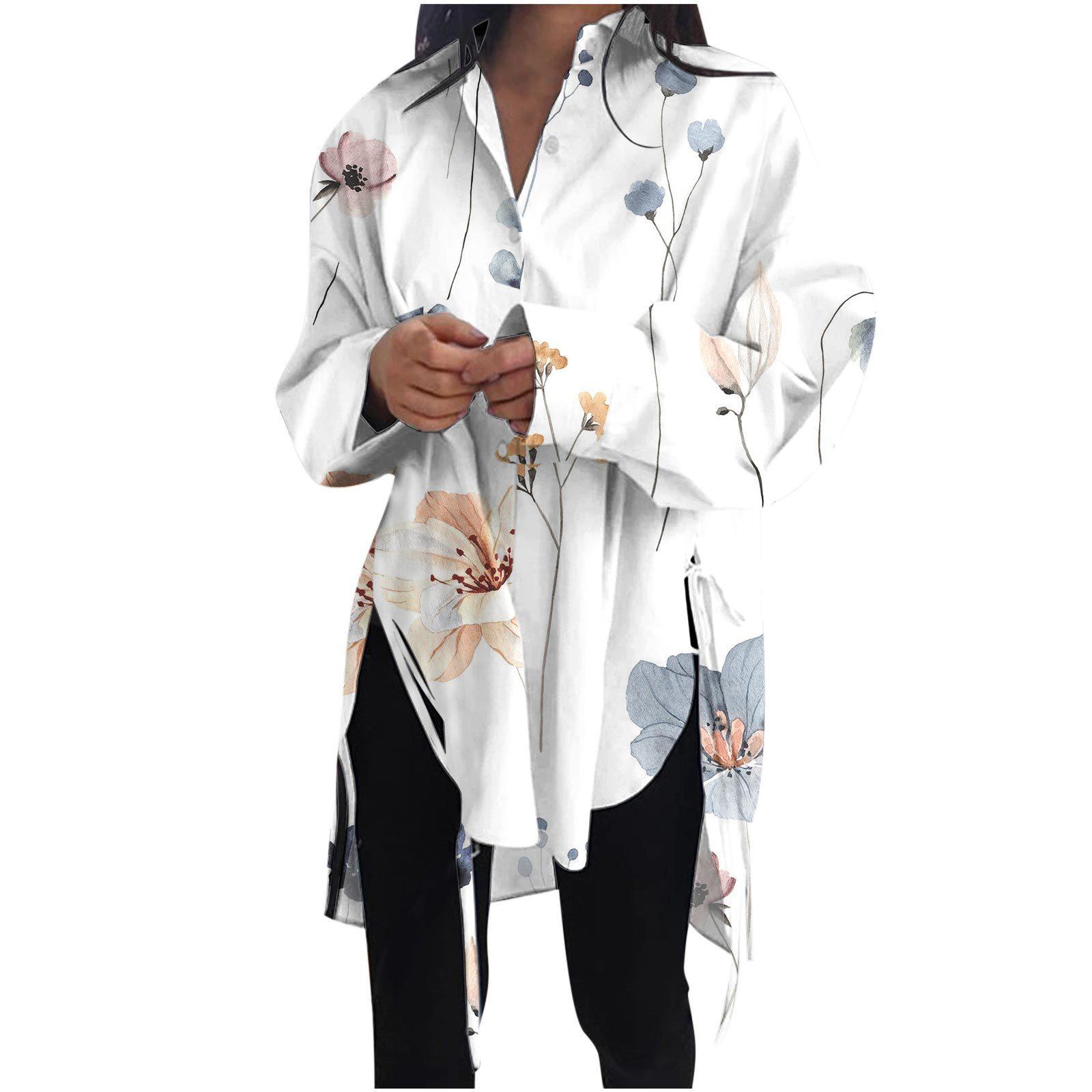 

Модная женская блузка, повседневная рубашка с отложным воротником и длинным рукавом с разрезом подол XL