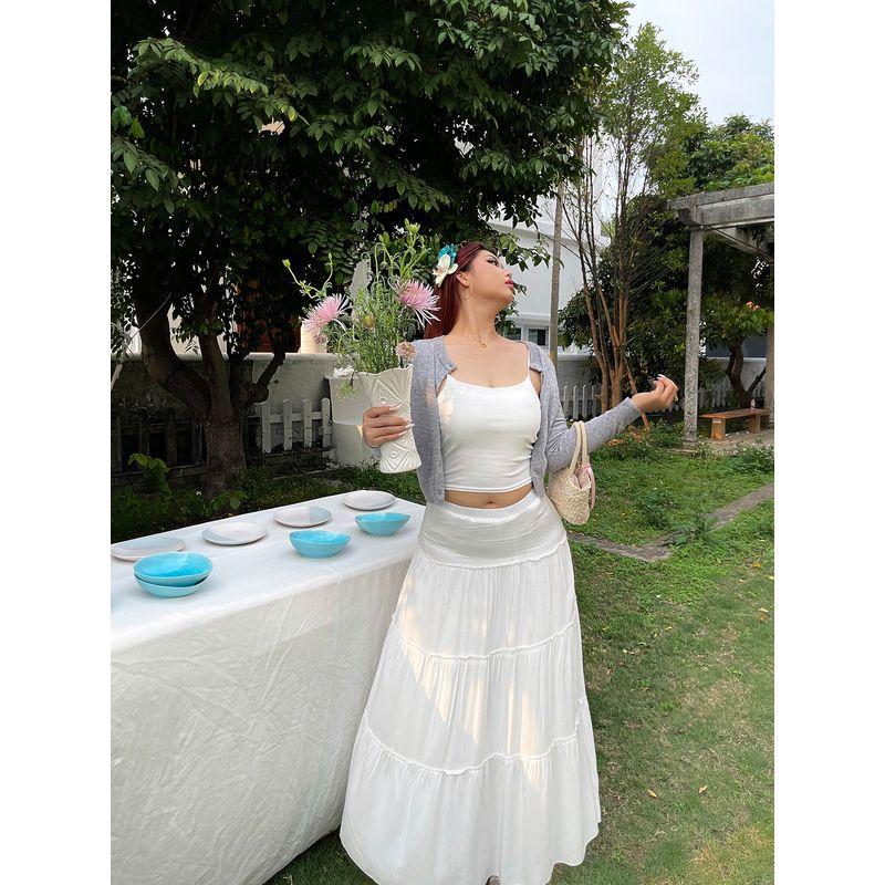 Brother Nan Loose-Fit White Elastic Waist Skirt Women's Summer Thin 2024 New Arrival Plus Size Plus Size Ladies High Waist A- line Skirt