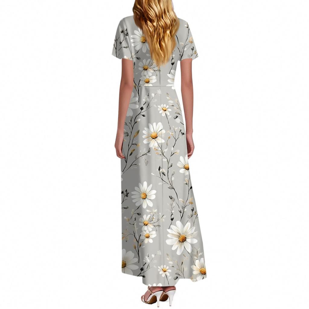 FashWomen's Loose Casual V-Neck Short Sleeved High Waisted Print Dress