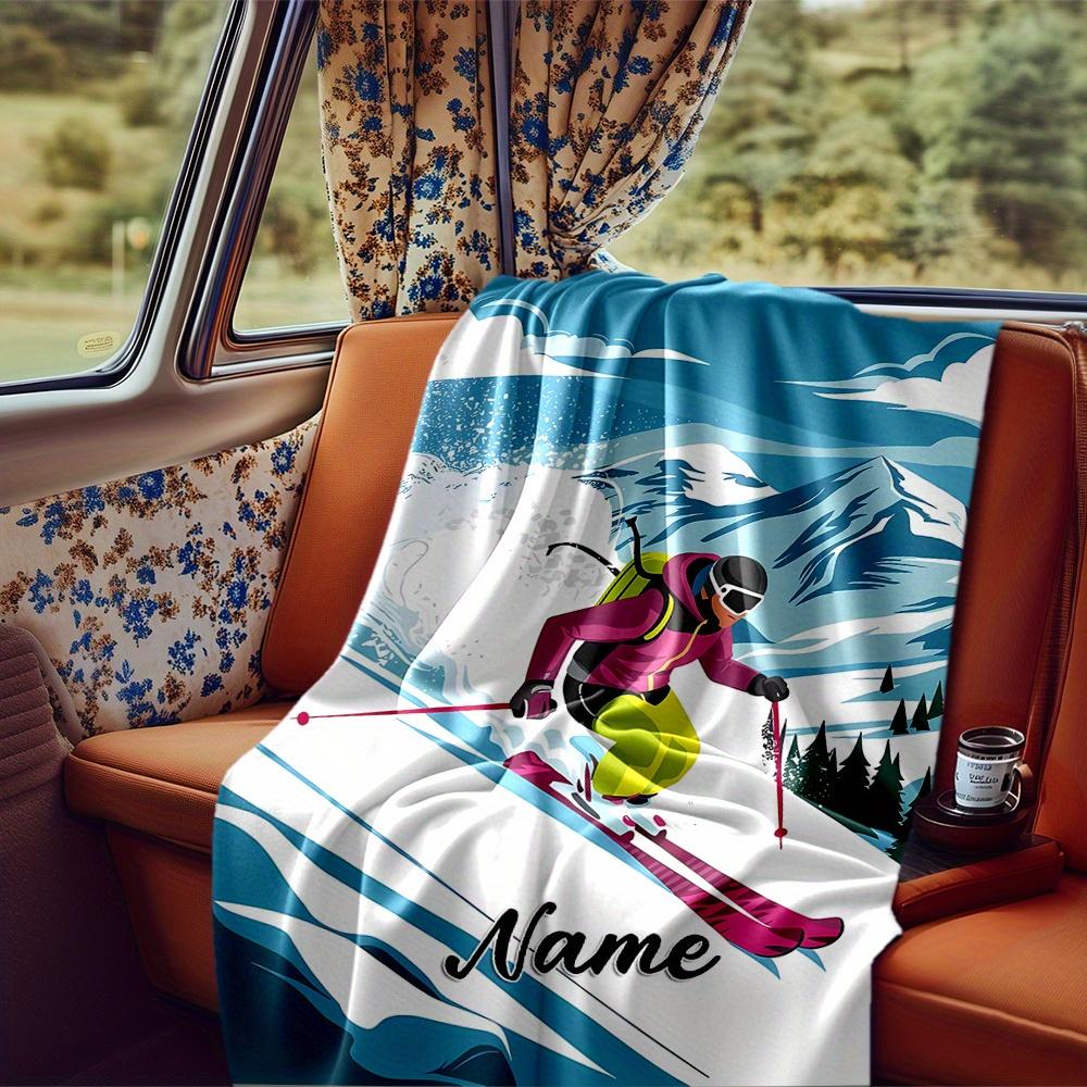 Skier Downhill Snow Mountain Blanket Personalized Name Soft Comfortable Stylish Blanket Car Blanket Perfect For Travel Camping Outdoor Home Suitable