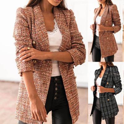 Women Jacket Tailored Collar Plaid Double-breasted Casual Slim Women Blazer for Office