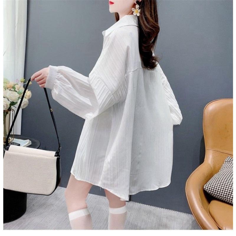 Women Casual Loose Thin Breathable Striped Long Sleeve Sunscreen Shirt Blouse