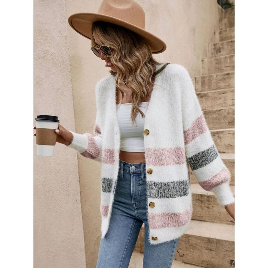 Autumn and Winter Women's Plush Contrasting Striped Button Lantern Sleeve Woolen Cardigan