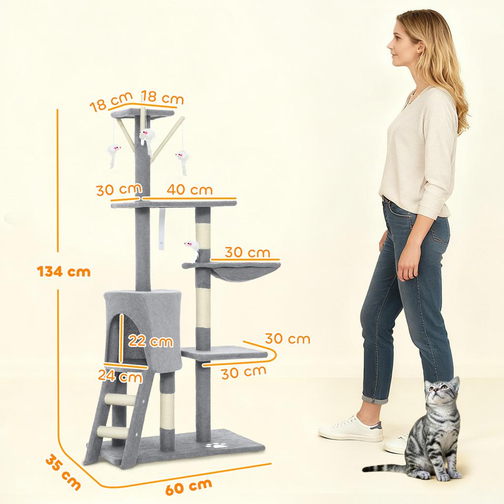 Cat Tower with House, Perch, Platforms and 4 Mice, Made of Wood, Plush and Sisal, 60x35x134 cm, Grey
