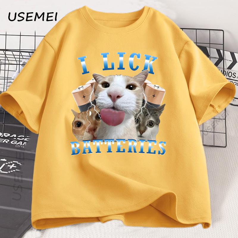 Ich lecke Batterien Lustige Katze Grafik T-Shirts Baumwolle Kurzarm O-Ausschnitt T-Shirt Lässig Mode Herren T-Shirt Kurzarm Sommer