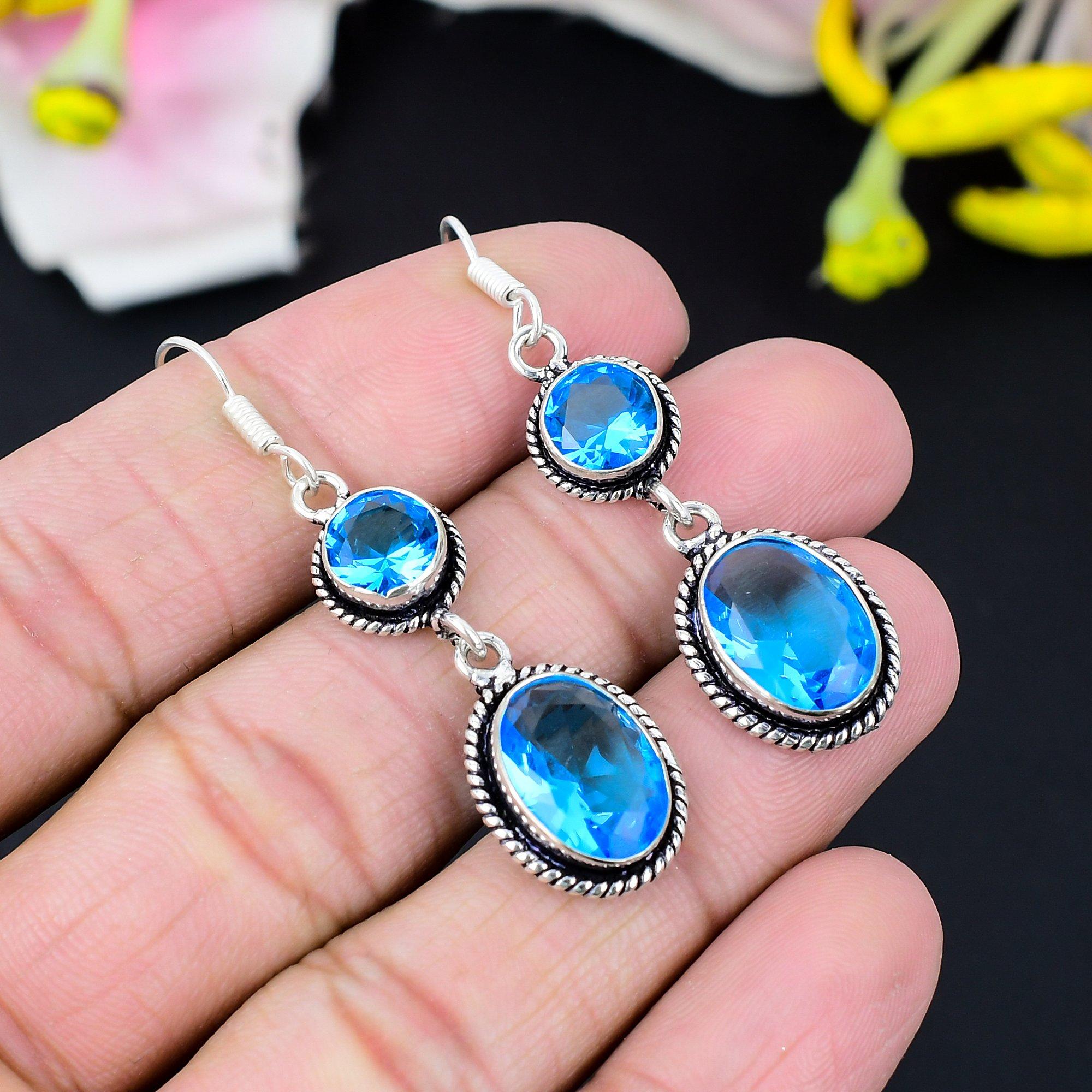 

Swiss Blue Topaz Gemstone Handmade 925 Sterling Silver Earring 2.56 KG-416