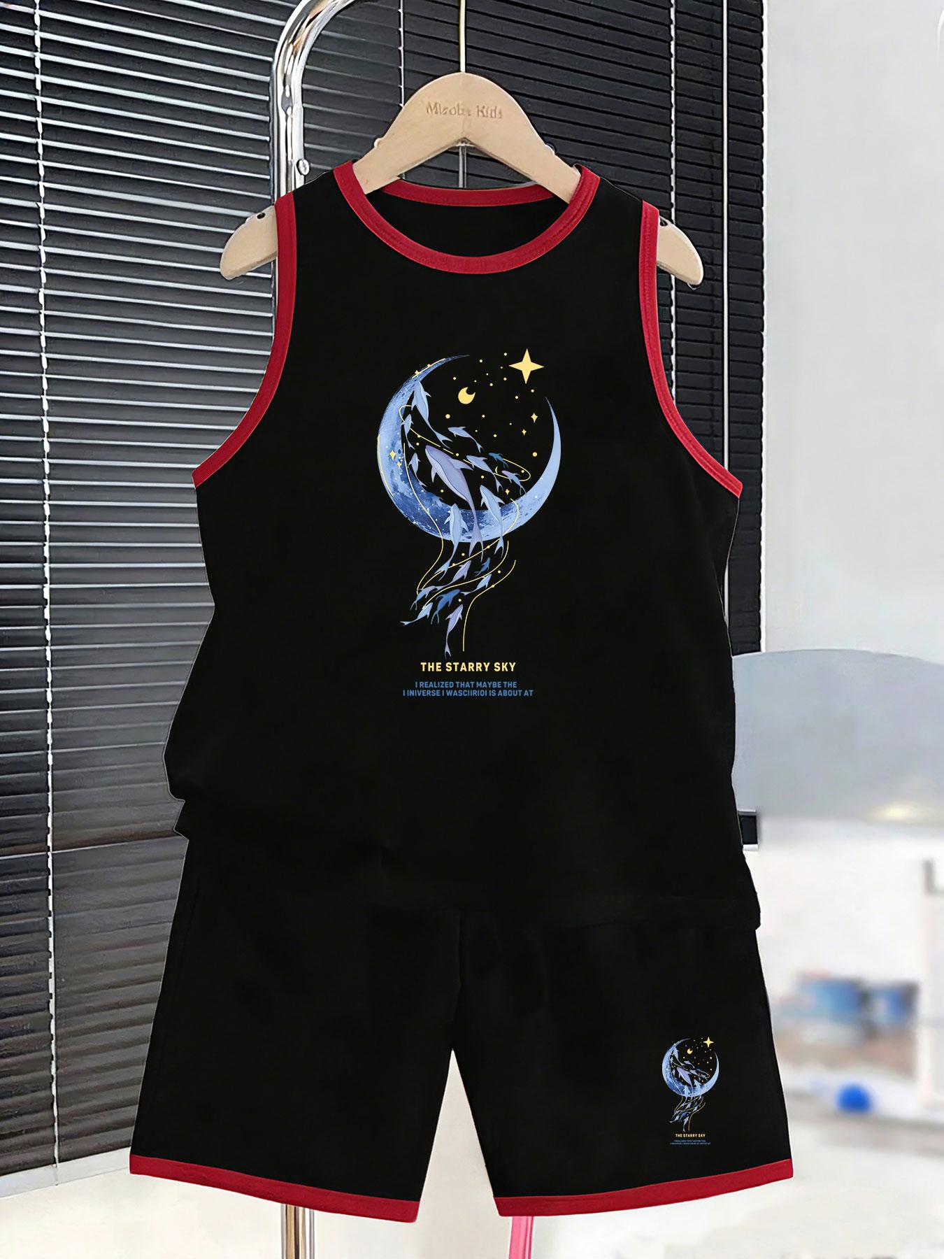 

Boys dreamy starry whale ocean printed outfit. Magical night sky design, soft comfy fabric for gentle daily leisure wear. 2-3Y чёрный
