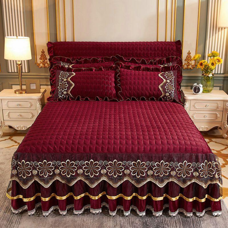 3PCS European Style Fleece Lace Bed Skirt Set of Three, Includes: Bed Skirt, Fitted Sheet, Dust Cover - Warmth Bedding Set
