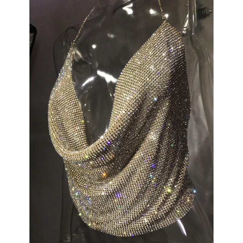 Kvinners diamanter lavt snitt ryggløse glitrende diamanter Tie Chain Halter Deep V Neckless Topp