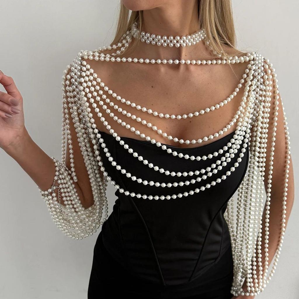 Salircon New Sexy Bridal Tassel Imitation Pearl Shoulder Chain Necklace for Women Elegant Shawl Wedding Jewelry Accessories