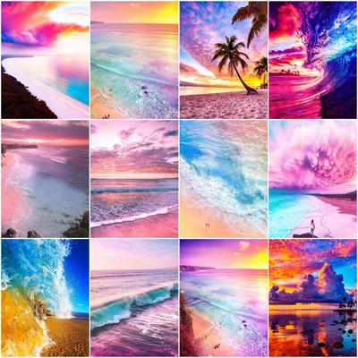 Pittura Diamante 5D Fai da Te Spiaggia Sabbiosa Paesaggio Marino Tramonto Ricamo Diamante Bordo Mare Strass Mosaico Decozione