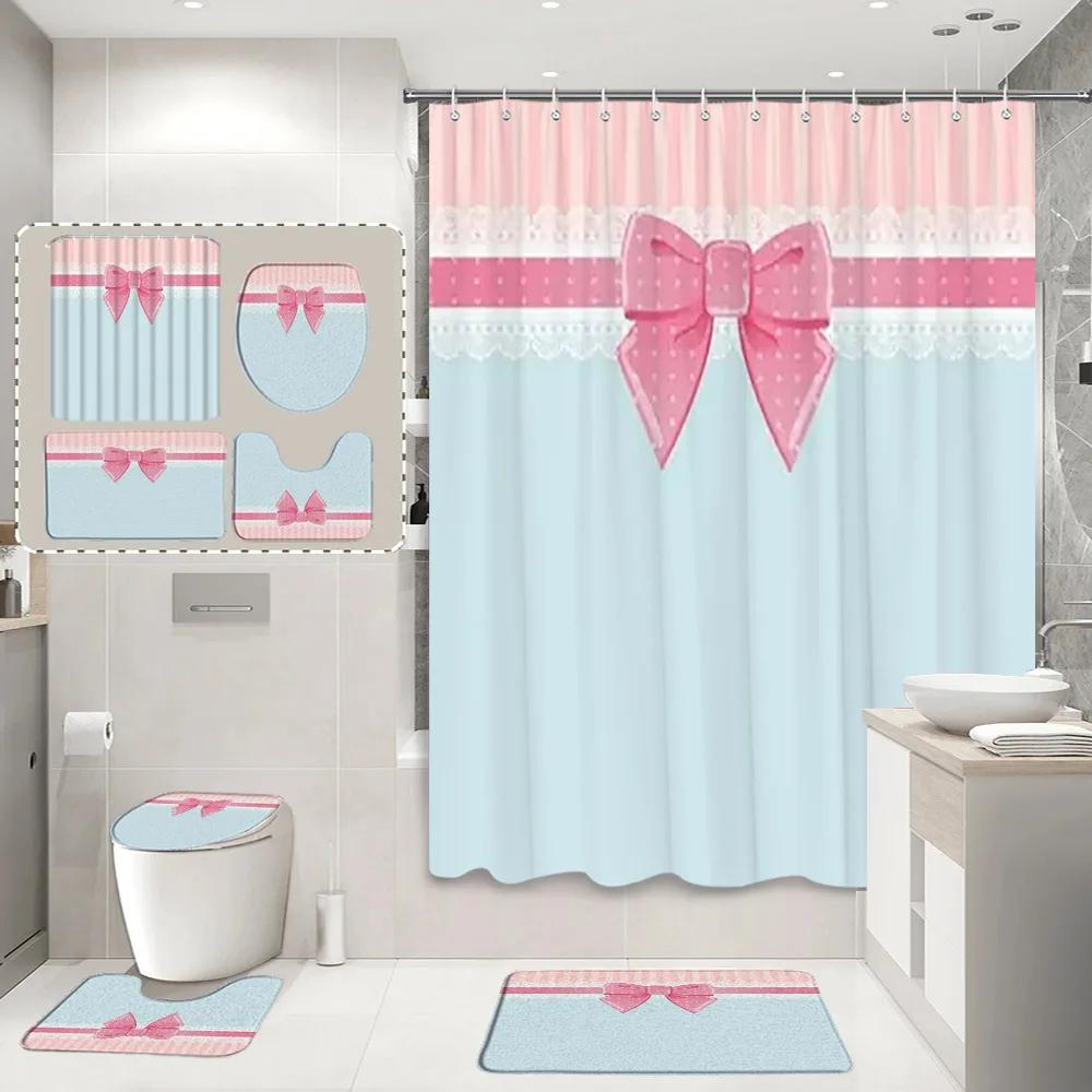

Pink Bow Shower Curtain And Rug Bathroom Set Striped Love Lace Gift Polyester Shower Curtains Bath Mat Bathroom Decor With Hooks W60H190(CM)-1 Pcs