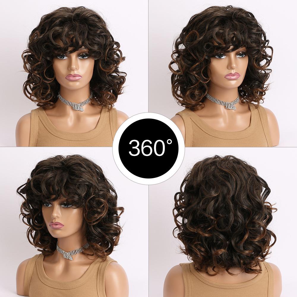 Women Synthetic Curly Fluffy Wig With Bangs Ladies Mixed Black Brown Wig Daily Party Cosplay Use Heat Resistant Fiber Wig