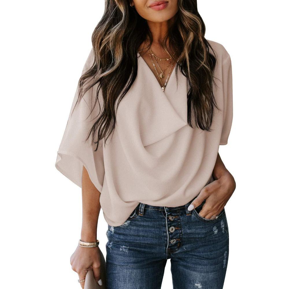 JPNTKY Women's Fashion Casual Solid Color Print Short Sleeve V Neck Blouses & Shirts